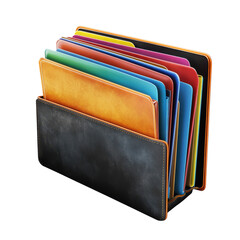Colorful file folders organized in a black leather folder holder against a for efficient document management and office organization on transparent background