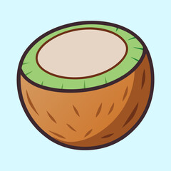 Cartoon Illustration of a Coconut Cut in Half on a Light Blue Background