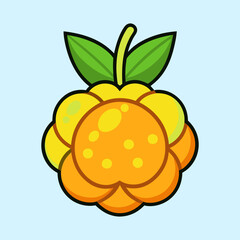Cartoon depiction of a cloudberry fruit with leaves on light blue background