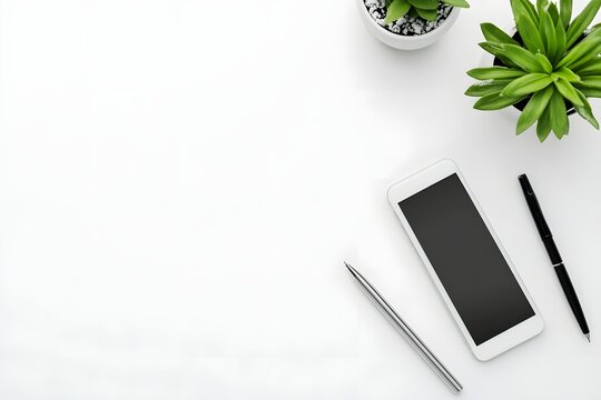 top view of minimalist white desk with smartphone, pen, and single green plant
- Powered by Adobe