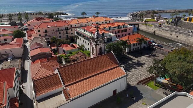 Aerial Drone Shot Focusing On A Church In Ribeira Brava, Madeira, Portugal