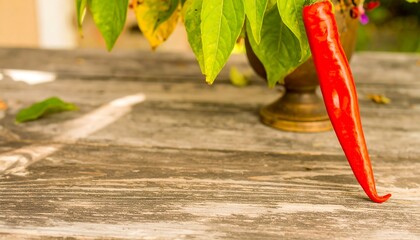 Red chili pepper on weathered wooden table