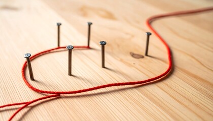 Abstract Unity with Red Thread and Five Nails on a Wooden Board