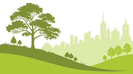 Green city landscape with trees and rolling hills