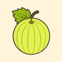 Stylized gooseberry illustration with a pale yellow fruit and green leaf