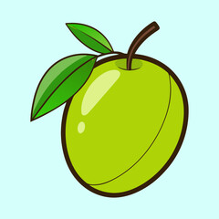 Cartoon green apple with leaves on a light blue background illustration