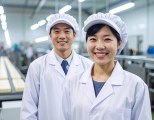 食品工場で制服姿で笑顔の男女の作業員