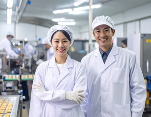 食品工場で制服姿で笑顔の男女の作業員