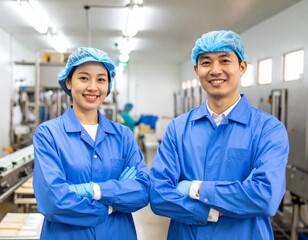 食品工場で制服姿で笑顔の男女の作業員
