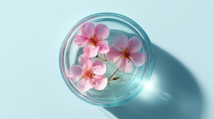 Pink flowers in clear glass bowl on light blue background