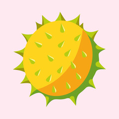 Stylized kiwano illustration with spiky green rind and yellow flesh dots