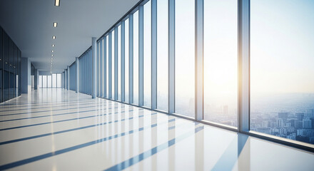 Modern office hallway with floor-to-ceiling windows and city view sunlight reflection