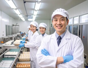 食品工場で制服姿で笑顔の男女の作業員