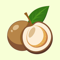 Cartoon Longan Fruit Illustration with a Single Leaf and Cream Background