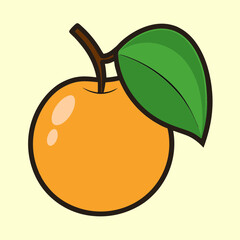 Stylized orange fruit illustration with a brown stem and green leaf
