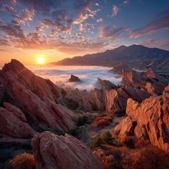 Obraz premium Sunrise over red rock formations, clouds