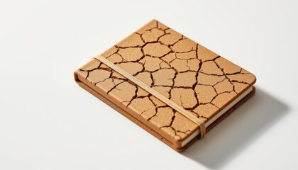 minimalist sustainable notebook cover, created using hazelnut shells, styled with organic cracked surface, designed with made with zero synthetic additives, shown on bright white with minimal shadow.