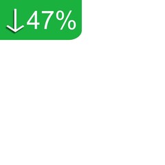 The image shows a green label with a white downward arrow and the text 