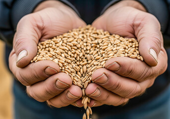 male, tired farmer's hands hold wheat grains symbolizing harvest and providing food
