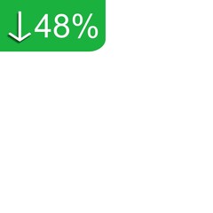 The image shows a green label with a white downward arrow and the text 48%", indicating a 48% discount or reduction.

