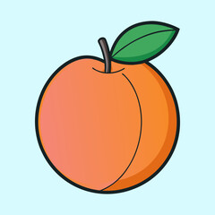 Illustration of a single stylized peach with leaf against a light blue background