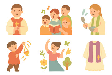 Ceremony and Nature Icons. Flat vector mini-illustrations hallowed ceremonies in colors children's illustrations: priest, choir