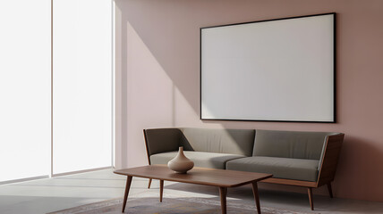 A modern living room with a grey sectional sofa, a wooden coffee table, and a large blank framed picture on a pink wall.