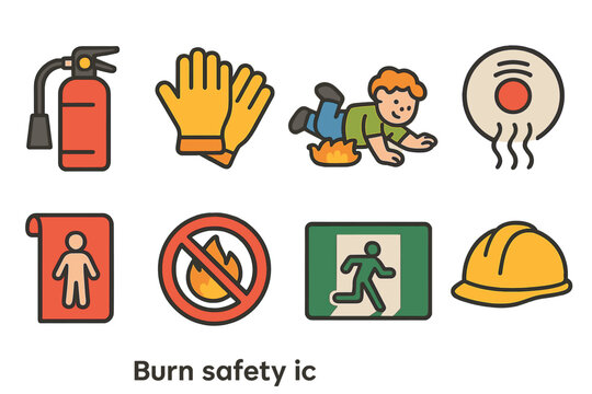 Burn Safety Icons. Flat vector mini-illustrations burn safety in colors children's illustrations: fire extinguisher, safety gloves