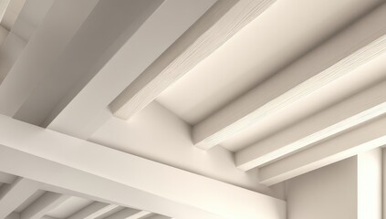 Cream-colored beams crisscross a minimalist interior ceiling