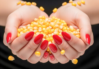 female hands with red painted nails holding a handful of corn kernels