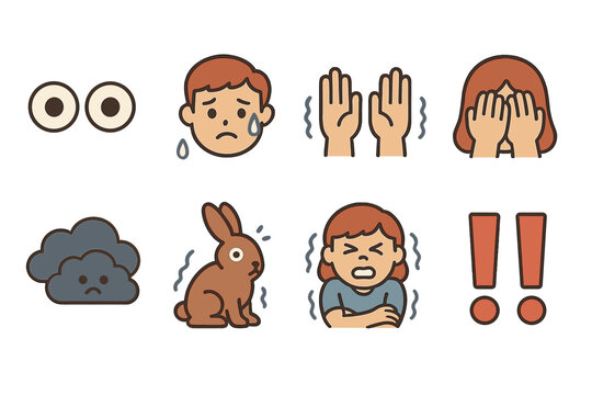 Childhood Fears Icons. Flat vector mini-illustrations fear and anxiety in colors children's illustrations: wide eyes, sweating
