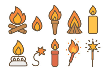 Children's Fire Illustrations. Flat vector mini-illustrations fire ignition in colors children's illustrations: campfire, torch,