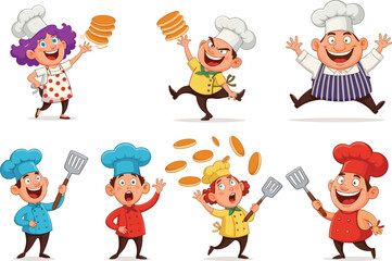 Funny cartoon chefs cooking pancakes, holding spatulas, colorful character set for restaurant design, kids menu, bakery poster, recipe book illustration