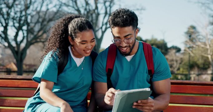 Doctors, high five and tablet with students in college for research team, medical residency and success. Healthcare internship, digital report and medicine program with people on campus for support