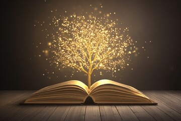Glowing tree emerges from open book on wooden surface