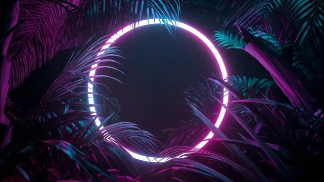 Vibrant neon circle glowing in purple and pink light surrounded by tropical palm leaves, futuristic cyberpunk jungle background design for nightlife, sci-fi, and modern digital art concepts