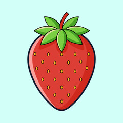 Cartoon strawberry with green leaves and seeds on a light blue background