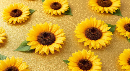 Sunny golden yellow sunflower heads patterned with green leaves for summer celebration