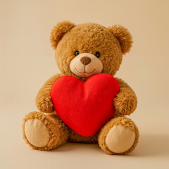 Obraz premium A fluffy brown teddy bear sits holding a bright red heart, symbolizing love and affection.