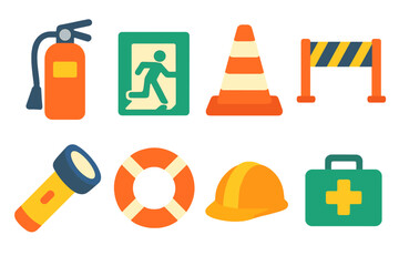 Children's Safety Equipment Icons. Flat vector mini-illustrations SOS safety equipment in colors children's illustrations: fire