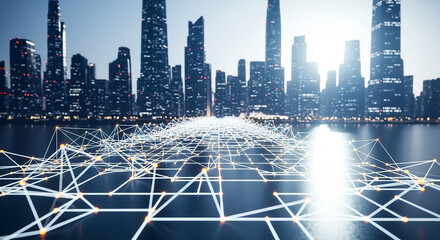 Futuristic cityscape with digital network overlay showing connectivity and modern urban technology