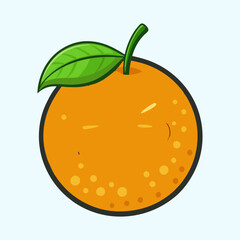 Cheerful cartoon orange with a green leaf against a light blue background