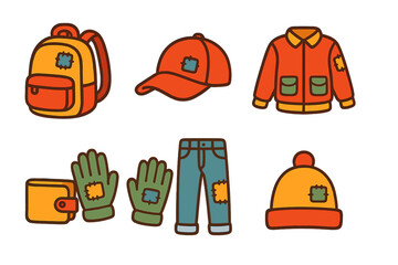Colorful Accessories Patches. Flat vector mini-illustrations patch on accessories in colors children's illustrations: patched