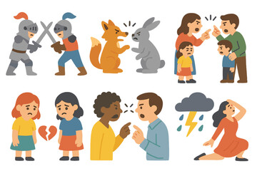 Colorful Conflict Icons. Flat vector mini-illustrations conflict in stories in colors children's illustrations: rival knights,