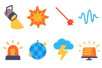 Colorful Light and Sound Icons. Flat vector mini-illustrations intense light and sound in colors children's illustrations: