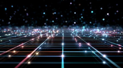 Fototapeta premium Futuristic Grid with Glowing Particles and Digital Depth in Virtual Space