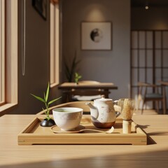 Hot green tea in porcelain teacup, placed on bamboo tray, Japanese-inspired café corner