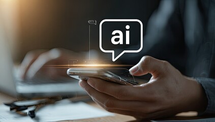 Close-up of hands holding a phone with an AI icon