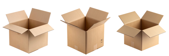 Empty Boxes: Three open cardboard boxes of varying sizes, ready to receive goods. Evokes the themes of anticipation, moving, and logistics.