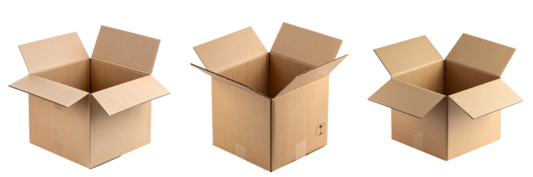 Empty Boxes: Three open cardboard boxes of varying sizes, ready to receive goods. Evokes the themes of anticipation, moving, and logistics.